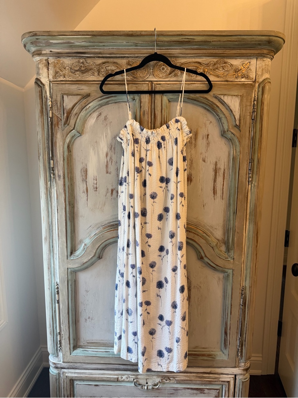 H&M White Midi Dress with Blue Floral Print